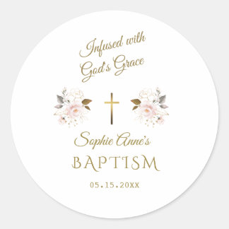 Modern Pink Gold Floral Calligraphy Girl Baptism Runt Klistermärke