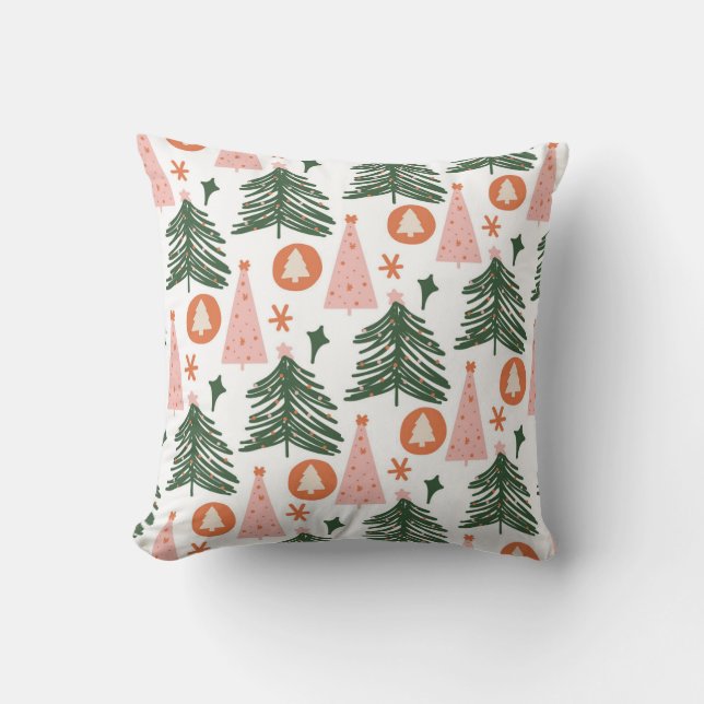 Modern Pink Green Christmas Tree Pattern Holiday Kudde (Framsida)