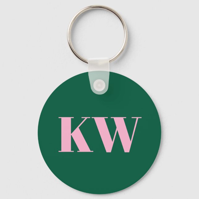 Modern Pink Green Monogram Initials Personalized Nyckelring (Framsida)