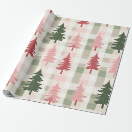 Modern Pink & Green Pine Tree Plaid Christmas Presentpapper