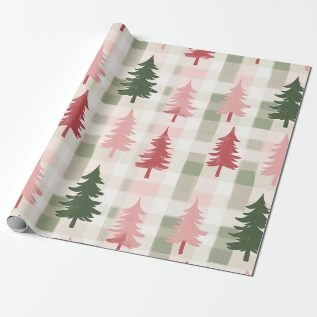 Modern Pink & Green Pine Tree Plaid Christmas  Presentpapper (Utrullad)