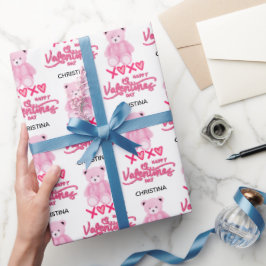 Modern Pink Happy Valentines Day Script Teddy Bear Presentpapper