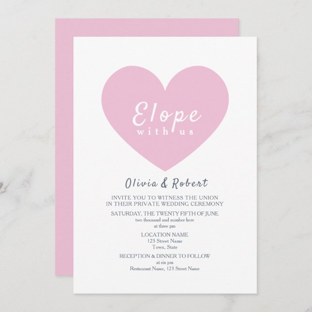 Modern Pink Heart Elopement Wedding Inbjudningar (Fram/baksida)