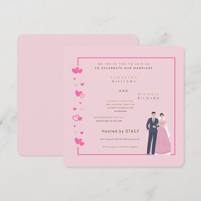 Modern Pink Heart Wedding Invitation - Customizabl Spara Datumet (Fram/baksida)