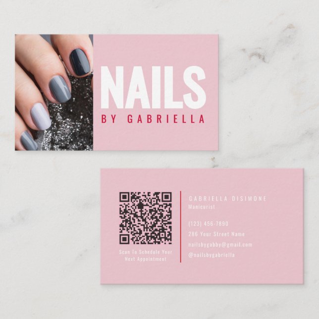Modern Pink Nail Technician QR Code Photo Visitkort (Fram/baksida)