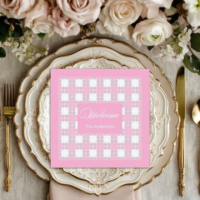 Modern Pink Napkins Personalized Plaid Accent Pappersservett (Modern Pink Napkins Personalized Plaid Accent)