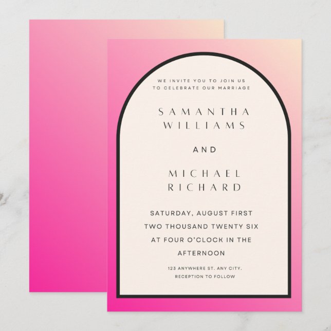 Modern Pink Ombre Arch Wedding Invitation - Custom Inbjudningar (Fram/baksida)