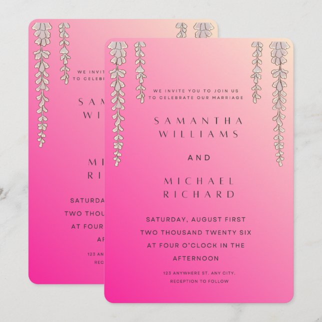 Modern Pink Ombre Wisteria Wedding Invitation - Cu Inbjudningar (Fram/baksida)