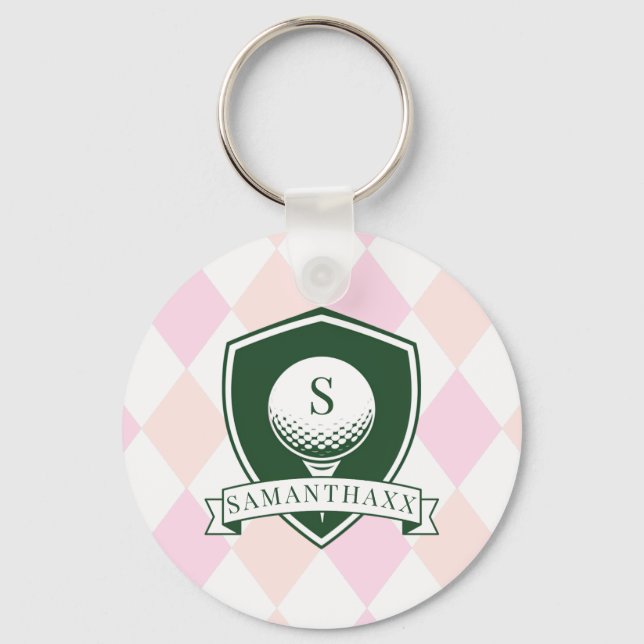 Modern Pink Pattern Name Initial Monogram Golf Nyckelring (Framsida)