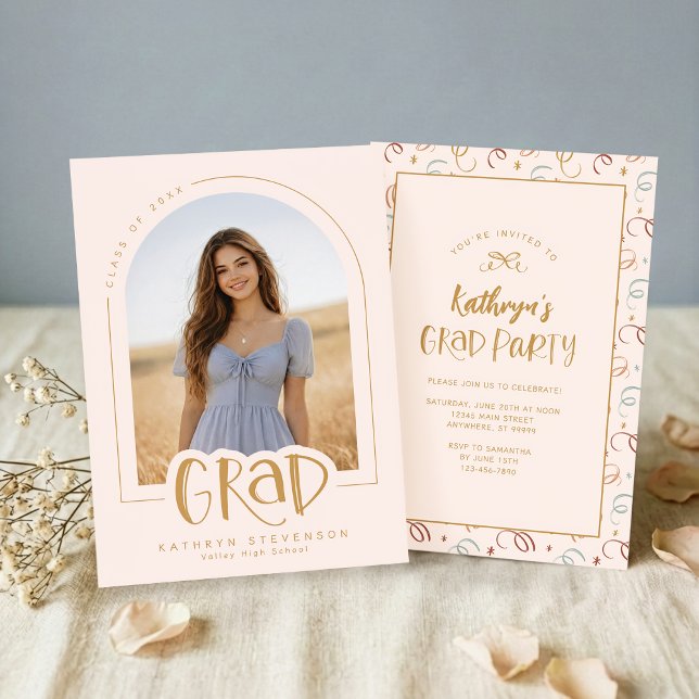 Modern Pink Photo Graduation Party Announcement Inbjudningar (Front + Back View)