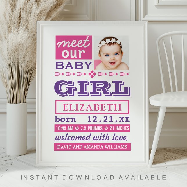 Modern Pink Purple Baby Girl Photo Birth Stats Poster (Skapare uppladdad)
