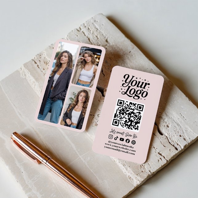 Modern Pink QR Code Social Media Icons Logo Photo Visitkort (Modern Pink QR Code Social Media Icons Logo Photo)