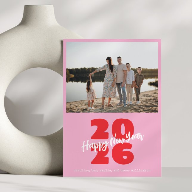 Modern Pink Red Family New Year Photo Playful Julkort (Skapare uppladdad)