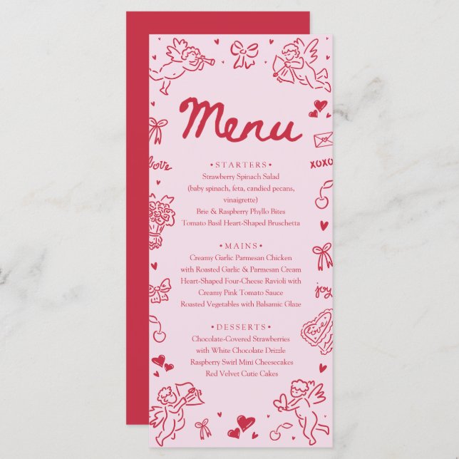 Modern Pink Red Hearts Hand Drawn Valentine Menu (Fram/baksida)