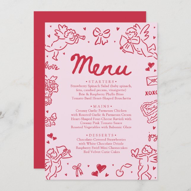 Modern Pink Red Hearts Hand Drawn Valentine Menu (Fram/baksida)