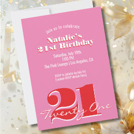 Modern Pink Red Minimalist 21st Birthday Inbjudningar