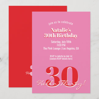 Modern Pink Red Minimalist 30th Birthday Inbjudningar