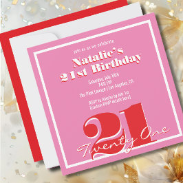 Modern Pink Red Retro 21st Birthday Square Inbjudningar