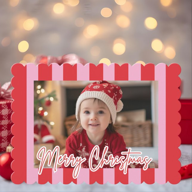 Modern Pink & Red Striped Photo Merry Christmas Julkort (Skapare uppladdad)