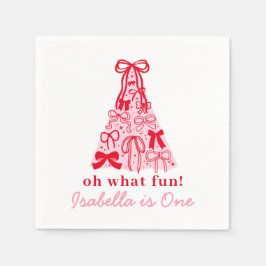 Modern Pink Red Tree Bow 1st Birthday Pappersservett