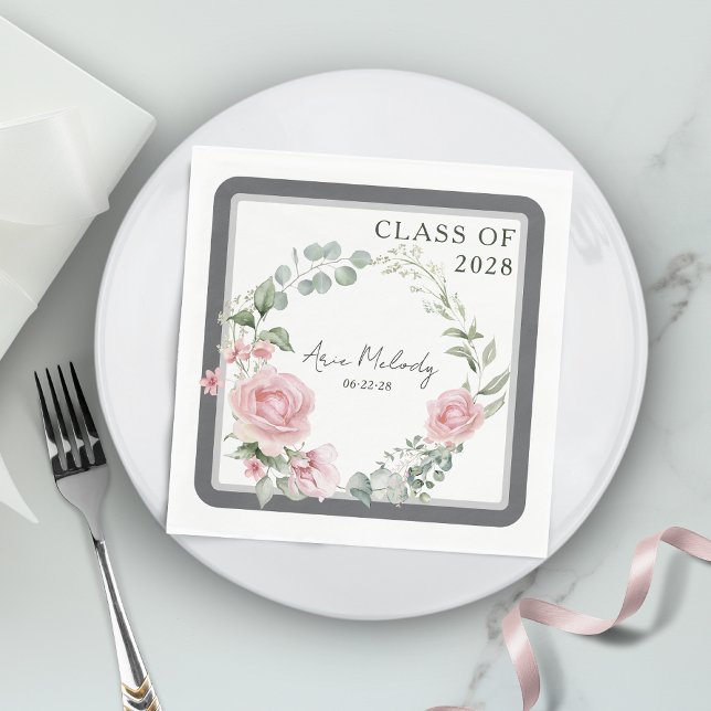 Modern Pink Roses Script Class of Graduation Pappersservett (Skapare uppladdad)