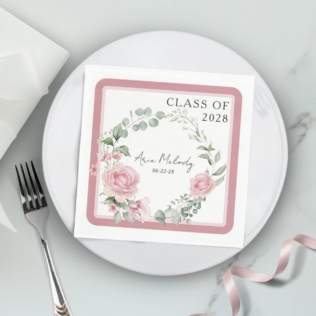 Modern Pink Roses Script Class of Graduation Pappersservett (Skapare uppladdad)