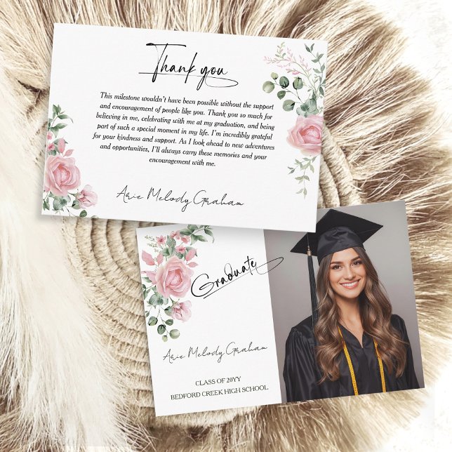 Modern Pink Roses Script Graduation Photo Tack Kort (Skapare uppladdad)