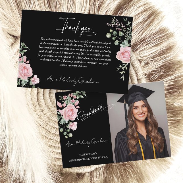Modern Pink Roses Script Graduation Photo Tack Kort (Skapare uppladdad)