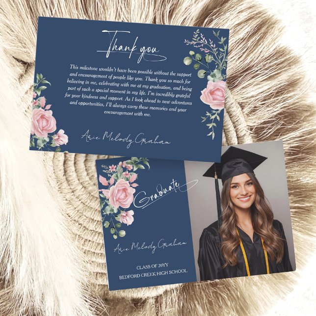 Modern Pink Roses Script Graduation Photo Tack Kort (Skapare uppladdad)