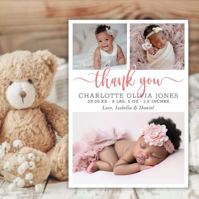 Modern Pink Script Baby Girl Birth Photo Collage  Meddelande (Skapare uppladdad)