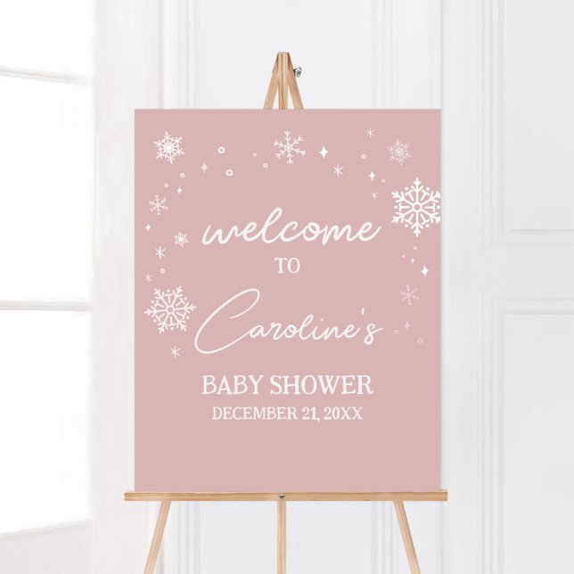 Modern Pink Snowflakes Baby Shower Welcome Poster (Modern Pink Baby It's Cold Outside Baby Shower Welcome Sign)