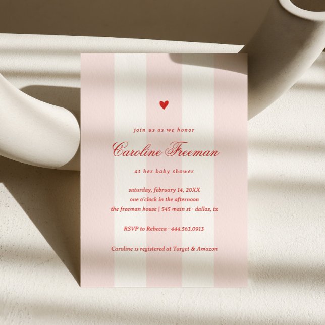 Modern Pink Stripe Heart Valentine Baby Shower Inbjudningar (Skapare uppladdad)