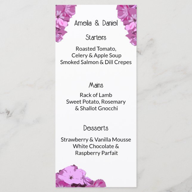 Modern Pink Summer Floral Wedding Menu Card Meny (Framsida)