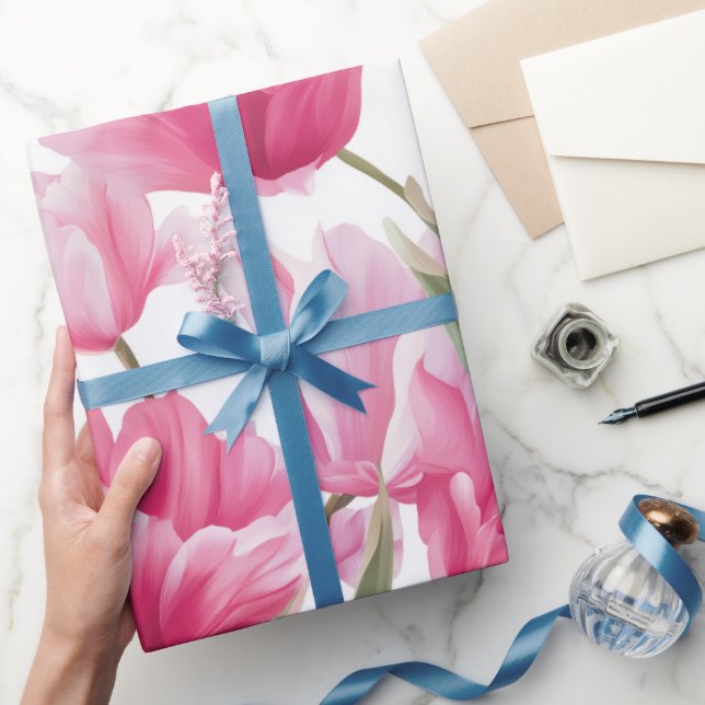 Modern Pink Tulip White Floral Pattern Presentpapper (Gifting)