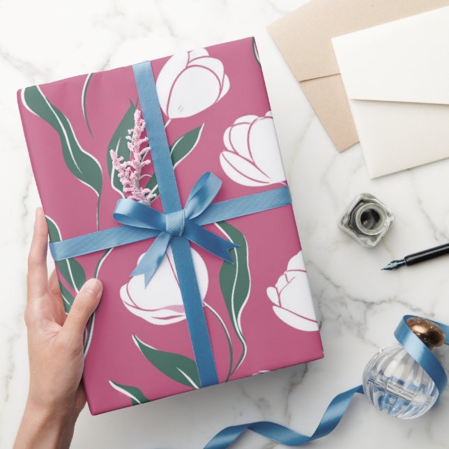 Modern Pink Tulip White Floral Pattern Presentpapper (Gifting)