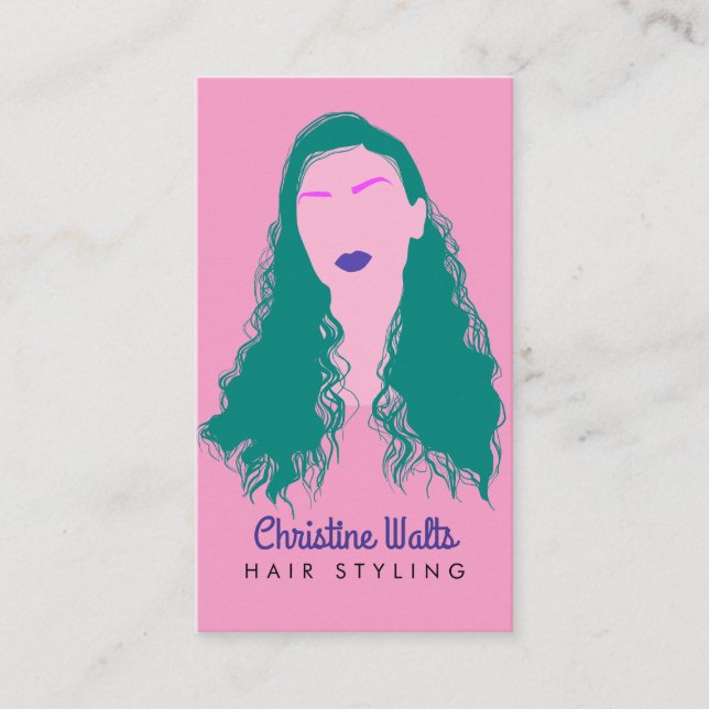Modern Pink Turquoise Hair Styling Flat Design QR Visitkort (Framsida)