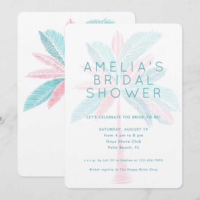Modern Pink Turquoise Palm Tree Bridal Shower Inbjudningar (Fram/baksida)
