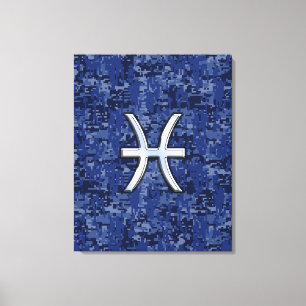 Modern Pisces Zodiac Sign Navy Blue Digital Camo Canvastryck