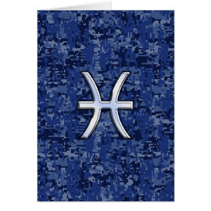 Modern Pisces Zodiac Sign Navy Blue Digital Camo Hälsningskort