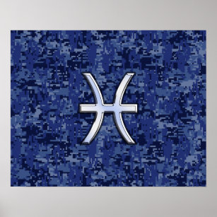 Modern Pisces Zodiac Sign Navy Blue Digital Camo Poster
