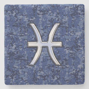 Modern Pisces Zodiac Sign Navy Blue Digital Camo Underlägg Sten
