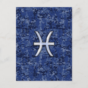 Modern Pisces Zodiac Sign Navy Blue Digital Camo Vykort