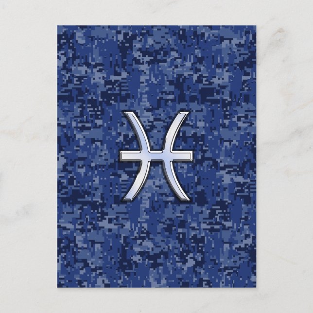 Modern Pisces Zodiac Sign Navy Blue Digital Camo Vykort (Framsida)