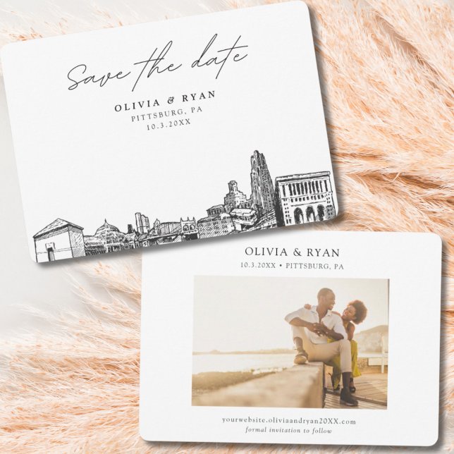 Modern Pittsburgh Bröllop spara datum Inbjudningar (Pittsburg wedding save the date with engagement photo)