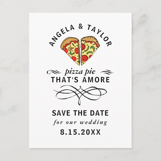 Modern Pizza Amore Black Typography Spara datum Vykort (Framsida)