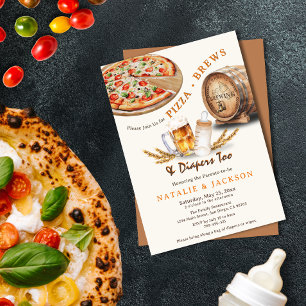 Modern Pizza Brews & Diaper Par Baby Shower Inbjudningar
