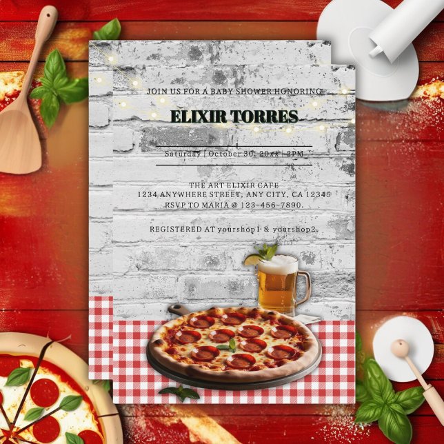 Modern Pizza +Öl Tegelsten Baby Shower Inbjudan (Skapare uppladdad)