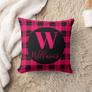 Modern Plaid Familjenamn Hot Pink Svart Kudde