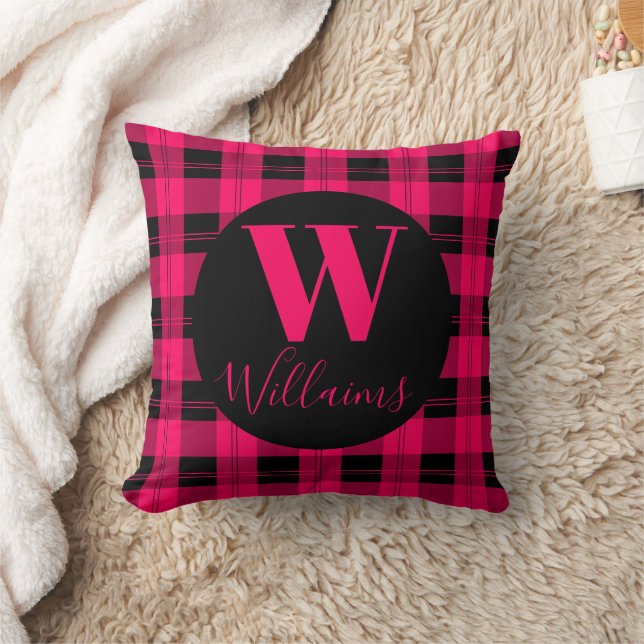 Modern Plaid Familjenamn Hot Pink Svart Kudde (Filt)