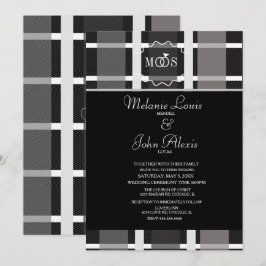Modern Plaid Grå Svart Vit Ring Logotyp Bröllop Inbjudningar